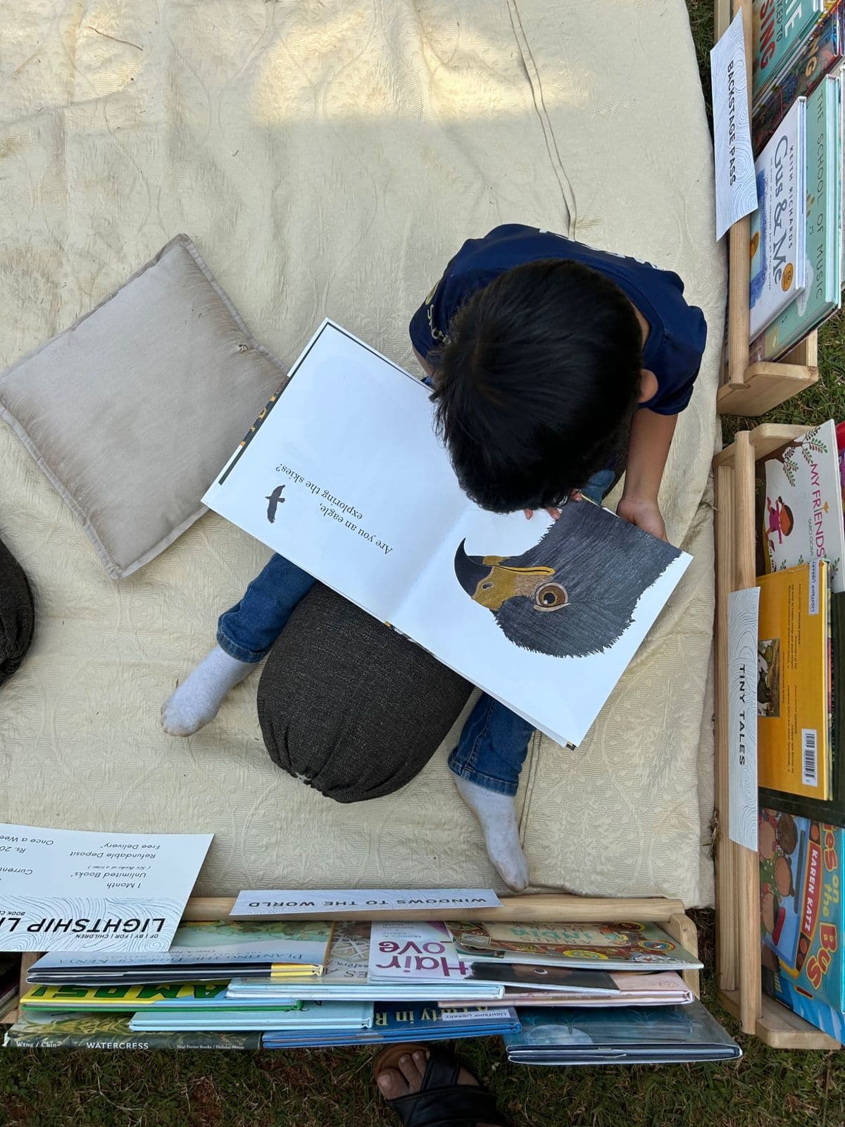 A child sitting cross-legged on cushions, reading a picture book, seen from above